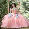 Luxurt Crystals Beaded Pink Quinceanera Dresses 2022 Deep V Neck Sweet 15 16 Dress Corset Puffy Tulle Skirt Off The Shoulder Long Birthday Party Prom Gowns Sweep Train