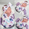 Baby Printed Wrapper Set Floral Bedding Kläder Nyfödd Swaddling Blanket Headband Hat 3pcs Sätter Infant Photography Props 5 Design
