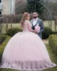Blush Rosa Bröllopsklänning Bröllopsklänningar 2021 Bollkakor Lace Applique Beaded Boat Neckline Lace-up Tulle Bridal Gowns Abiti da Sposa