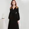 Women's Runway Designer Dresses Sexy V Neck Long Puff Sleeves Feather Detailing Lace Up Waist Elegant Long Party Prom Vestidos