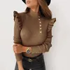 Women Sexy Slim Ruffle Shirt Blouse Office Lady Casual O Neck Ribbed Tops Pullover Autumn Winter Butterfly Long Sleeve Blusas