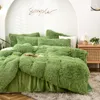 Long hair bedding set green mink hair + velvet fleece bed set thicken warm flannel bed linen (no filling) velvet winter bed set 201120