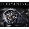 Forsining Classic Black Mens Mechanical Watches Tourbillon Hollow Skeleton Self-Wind Date Moonphase Steel Belts Automatic Watch