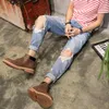 Erkek kot erkek leosoxs erkekler retro delik ağartılmış yıkanmış rahat katı sıkıntılı vintage gevşek erkek ayak bileği uzunluğu denim pantolon1