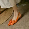 Verão estilingues laranja cetim preto bombas flor mouse salto feminino sapatos de casamento 50520