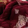 Red Blue Purple Luxury Royal Embroidery Thick Velvet Flannel Bedding Set Fleece Fabric Duvet Cover Bed sheet/Linen Pillowcases T200706