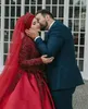 イスラム教徒のボールガウンのウェディングドレスビーズのハイネック長袖のアップリケブライダルガウンジッパーバックふくらふれた結婚式のロブデマリエ