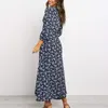 Vrouwen Chiffon Lange jurk Floral Print Lantern Sleeve A-Line Maxi Vestidos Herfst Nieuwe Elegante Vintage V-hals Winterjurken 201204