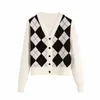 Vrouwen Engeland Style Argyle Contrast Colors Cardigans Vintage Single Breasted V-Neck Sweaters vrouwelijke chique jumpers 201203