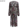 Robes de soirée en gros- ZAFUL Sexy Femmes Robe Profonde Col En V Broderie Balck Casual Basique Feminino Vestidos Maille Floral Brodé Sheer Dr