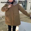 Aachoae Winter Fashion Solid Parka Femmes Casual Laine Doublure À Capuchon Épais Manteau Chaud Streetwear Poches Cargo Veste Rembourrée 201125