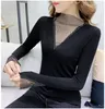 Fashion New Women Stand Collar Rhinestone Patchwork Shinny Bling Tops di magliette sexy a maniche lunghe