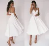 Sexy vestido de casamento curto 2021 alças finas criss cruz simples decote em v vestidos de noiva de cetim uma linha vestidos de noiva vestido233s