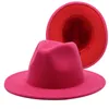 赤いフェドラの帽子を使った新しいオレンジホールフェイクウールワイドブリムツートーンジャズハットメンパナマパーティーフォーマルハット249p1548736526776