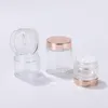 Glascremeflaschen, runde Form, kosmetische Hand- und Gesichtsgläser, 5 g, 10 g, 15 g, 20 g, 30 g, 50 g, 60 g, 100 g, Verpackungsflaschen mit Roségoldverschluss