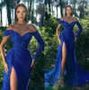 Royal Blue Sequins Mermaid High Split Prom Платья выпускного вечера Элегантные с плеча Ruched Длинные рукава Вечерние платья Женщины Формальное платье BC10971