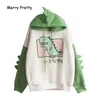 Frohe hübsche Frauen-Dinosaurier-Sweatshirts mit Kapuze warme Fleece-Hoodies Pullover mit Hörnern Harajuku mit Kapuze Mädchen Teenager grüner Hoodie 201212