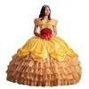 Gold Ball Gown Prom Dress Princess Banquet Off Shoulder Tiered Skirts Sweet 15 16 Quinceanera Evening Dresses Birthday Party Special Occasion Gowns