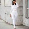 Sonbahar Kış Kadın Spor Fitness 2 İki Parça Set Kıyafetler Uzun Kollu Katı Mahsul Toz Taytlar Pantolon Bodycon Trailsuit 220114