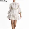 YiLin Kay Zelfportret Runway Wateroplosbare Kanten Jurk hol geborduurde bubble mouwen Feestjurken vestidos F1202