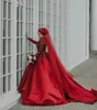 Muslim Arabic Ball Gown Wedding Dresses 2021 Red High Neck Long Sleeves Major Beading Bridal Gowns Puffy Satin Kaftan Dubai Abaya AL7897