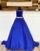 Royal Blue Girl Pageant Robes 2022 Cristaux Perles Robe En Mousseline De Soie Robe De Bal Petits Enfants Anniversaire Cape Formelle Tenue De Fête Robes Infantile Enfant En Bas Âge Ados Miss Bretelles