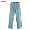 Tangada mode vrouwen witte jeans broek lange broek hoge taille zakken rits vrouwelijke effen denim broek LJ200811