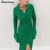 Y2K Женщины BodyCon Трикотажное платье Леди Одиночный Рукав Лонтер Элегантная Женщина Поверните Воротник Средний Смесел Тонкие платья Осень 211221