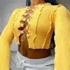 Fashion-Simenual Patchwork Lace Up Long Sleeve Crop Tops Women Ribbed Sexy Party Knitwear T-Shirt Hollow Out Bodycon Club Tie Front Top