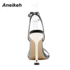 Aneikeh 여성의 샌들 패션 레트로 얇은 발 뒤꿈치 첨가 된 뾰족한 발가락 우아한 파티 좁은 밴드 인쇄 격자 무늬 신발 2020 여름 C0129