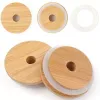 Web celebrity Tik Tok 100 piece Bamboo Cap Lids 70mm 88mm Reusable Wooden Mason Jar Lid with Straw Hole and Silicone Seal DHL Delivery