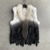 VR001 Gratis frakt Kvinnor Naturlig Real Rabbit Fur Vest med Raccoon Fur Collar Waistcoat / Jackor Rex Kanin Stickad Vinter 201209