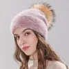 Nieuwe vrouwen hoed winter beanie gebreide muts Angola konijnenbont Motorkap meisje hoed herfst vrouwelijke cap met bont pom pom268S