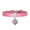 Cão de estimação Colar com Diamond Heart Bell Moda PU Couro Pet Dog Gato Colarinho Pequeno Cachorro Pescoço Ajustável Strap RRA2711