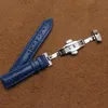 Banda de couro de couro de gola Strap Strap Silver Aço inoxidável Metal Buckle Butterfly Implanting Bandas de vigia azul para homens 14 16 18mm 27882339