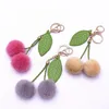 Moda Cherry Breloczek Puszysty Sztuczny Rabbit Fur Ball Pompom Leaf Keychain Charm Torebka Samochód Key Holder Wisiorek Prezent 2022