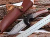 1 st ny design vg10 damaskus stålblad överlevnad rakt jaktkniv full tang rosewood handtag fasta bladknivar med lädermantel