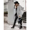 Damesmode Plaid Houndstooth Printing Lange Jas Revers Trench Coat Overjas Winter Faux Wol Jas Dames Abrigos Mujer