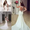 2022 인어 웨딩 드레스 레이스 Applique Beach Boho Bridal Gown Beaded 환상 쉬폰 민소매 스윕 열차 덮여 버튼 다시 vestido