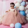 소녀의 드레스 블러쉬 핑크 레이스 파란색 아기 소녀 모자 슬리브 작은 첫 번째 생일 성찬 미인 가운 1