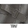 TRAF Women Vintage Stylish Office Wear Pied de poule con cintura Blazer Coat Moda scollo a V manica lunga scozzese Capispalla Chic Top 201023