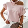 Blusa Sexy con hombros descubiertos de Color liso para mujer, camisas de verano de manga corta, blusas informales holgadas con cuello Halter y espalda descubierta para mujer