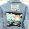 Danjeaner Wo ist mein Geist? Korea Retro Waschen Ausgefranste Stickerei Brief Patch Bomberjacke Blau Zerrissene Distressed Denim Mäntel T200111