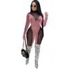 Autumn Mesh Velvet Patchwork Women's Jumpsuit Sexy Club Party One Piece Overall High Waist Bodycon Rompers Outfit