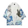 Japansk Kimono Cardigan Herr Wave Carp Print Jackor Lång Tunn Herr Drop Ship Jacka Top Coat