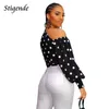 Stigende Sexy Laterne Hülse Polka Dot Crop Bluse Frauen Casual Slash Neck Kurze Bluse Mode Eine Schulter Shirts Blusen1