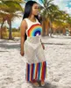 Fashion Sexy Mesh SeeThrough Rainbow Print Outfit Casual Dress Women Summer Clothes