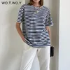 WOTWOY Zomer Korte Mouw Gestreepte T-Shirt Gebreide Basic Casual Tops Vrouwelijke Gezellige Losse Katoenen Tees Harajuku Shirt 220307