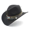 Mode Femmes Laine Creuse Western Cowboy Gland Ceinture Élégante Lady Jazz Cowgirl Jazz Toca Sombrero Cap Taille 56-58CM Y200102