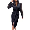 Robes décontractées Black Women Wrap Robe élégante dentelle à manches longues col en V froncé Slim Party Fashion Split Satin Streetwear Retro260y